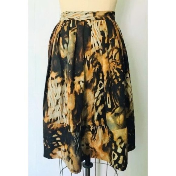 CHELSEA & THEODORE BROWN GRAY MUSTARD ABSTRACT WATERCOLOR FULL SKIRT 12 - Picture 1 of 8